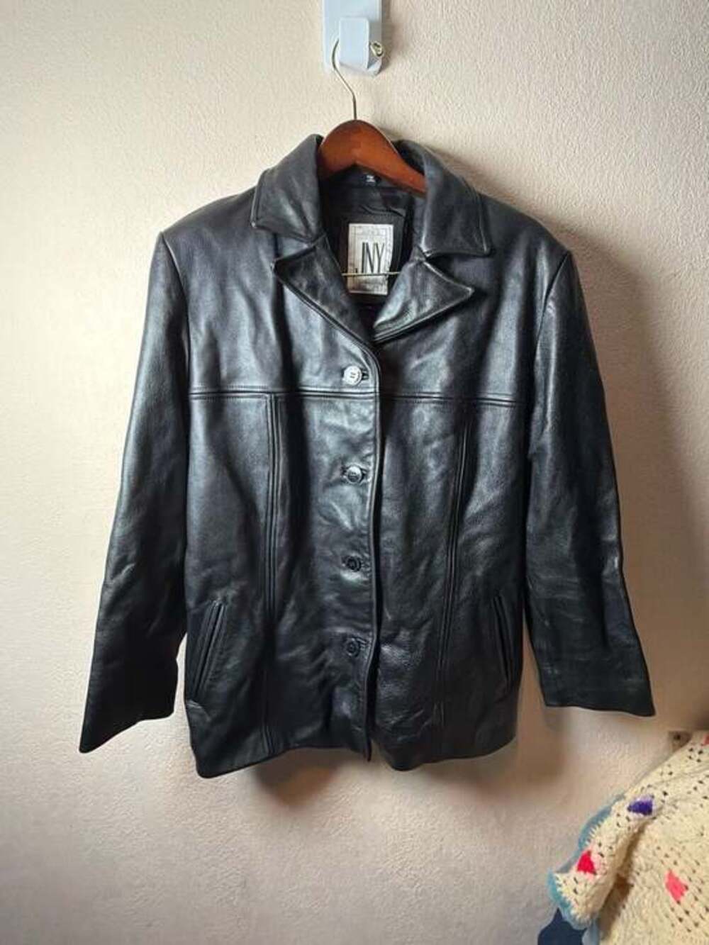 Vintage Jones New‎ York Black Genuine Leather Button Front Coat Jacket Size XL